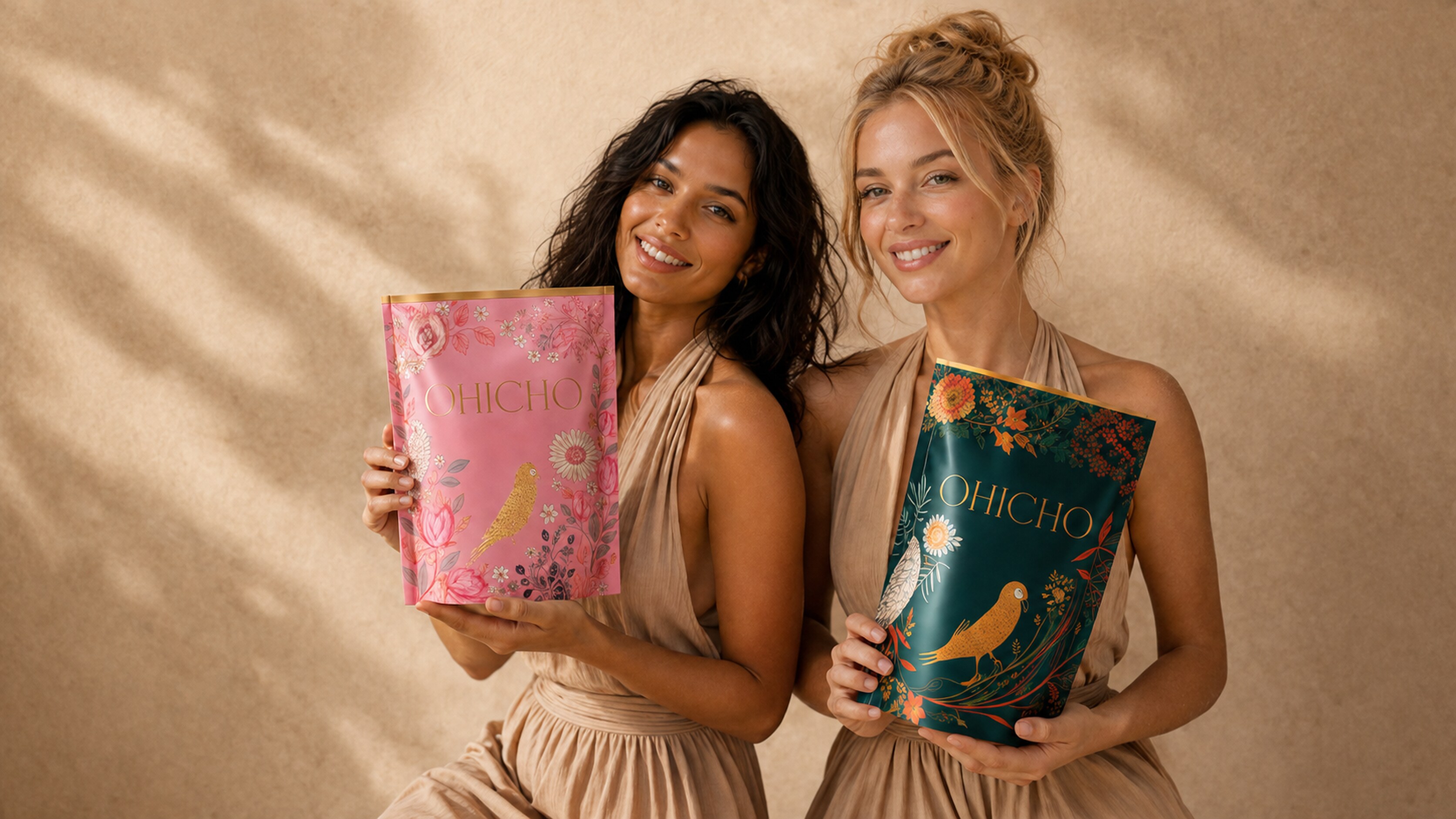 Two women holding Ohicho Persian herbal blend pouches